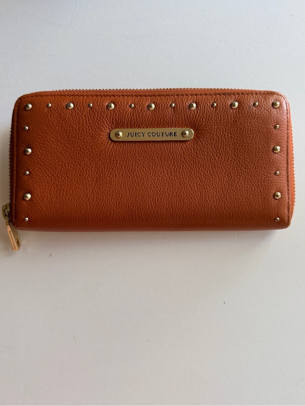 Juicy Couture Cognac Leather Zip-Around Wallet with Gold Studs